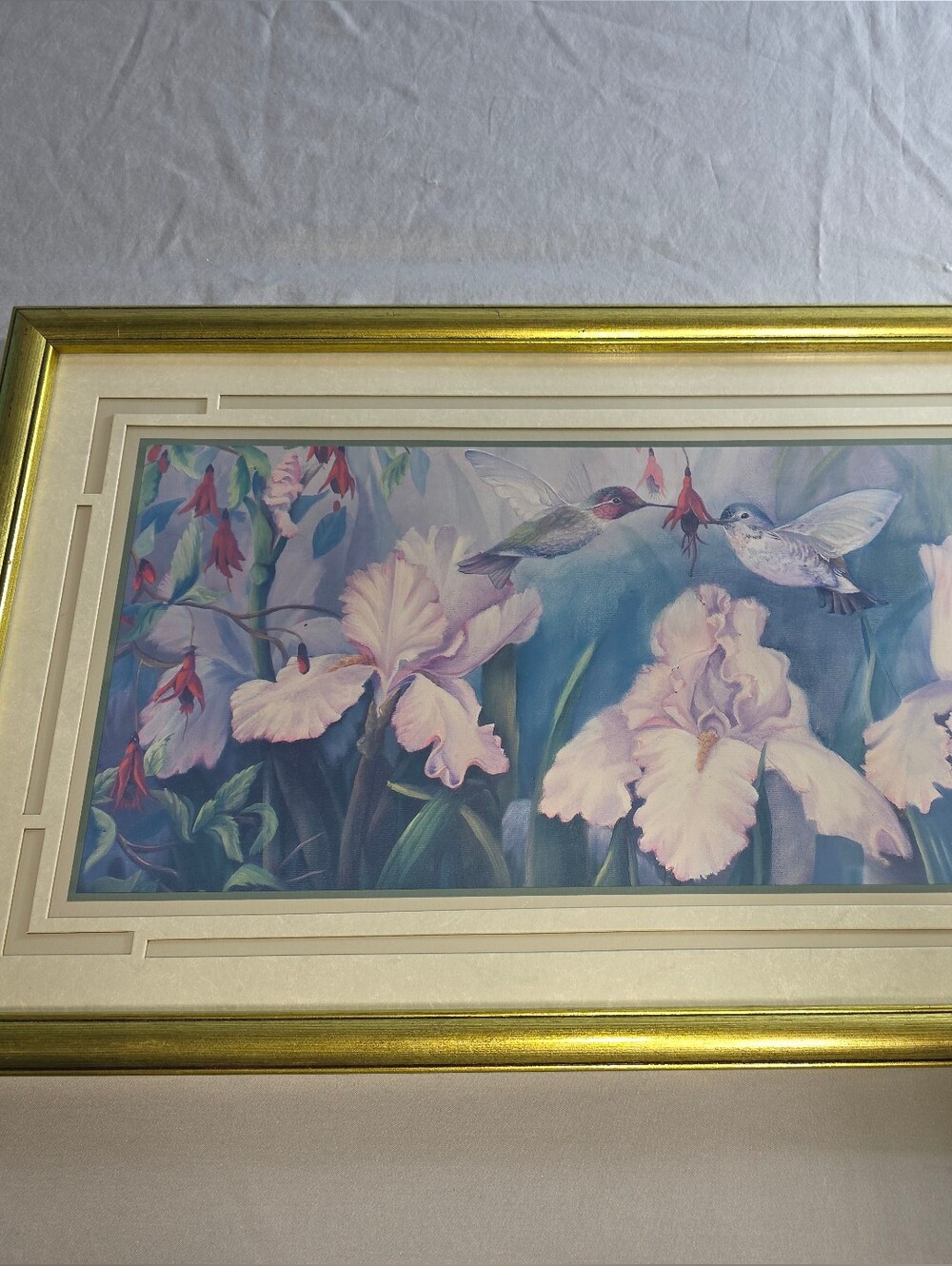 Vintage Robert Allen Hummingbird Iris Floral Framed Art Print Gold Frame